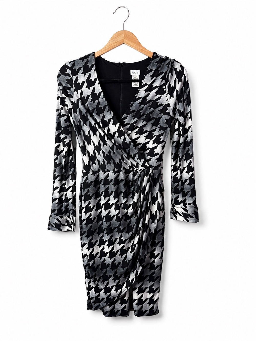 Cache Black White Houndstooth Faux Wrap Dress Size S Career Cocktail Classic